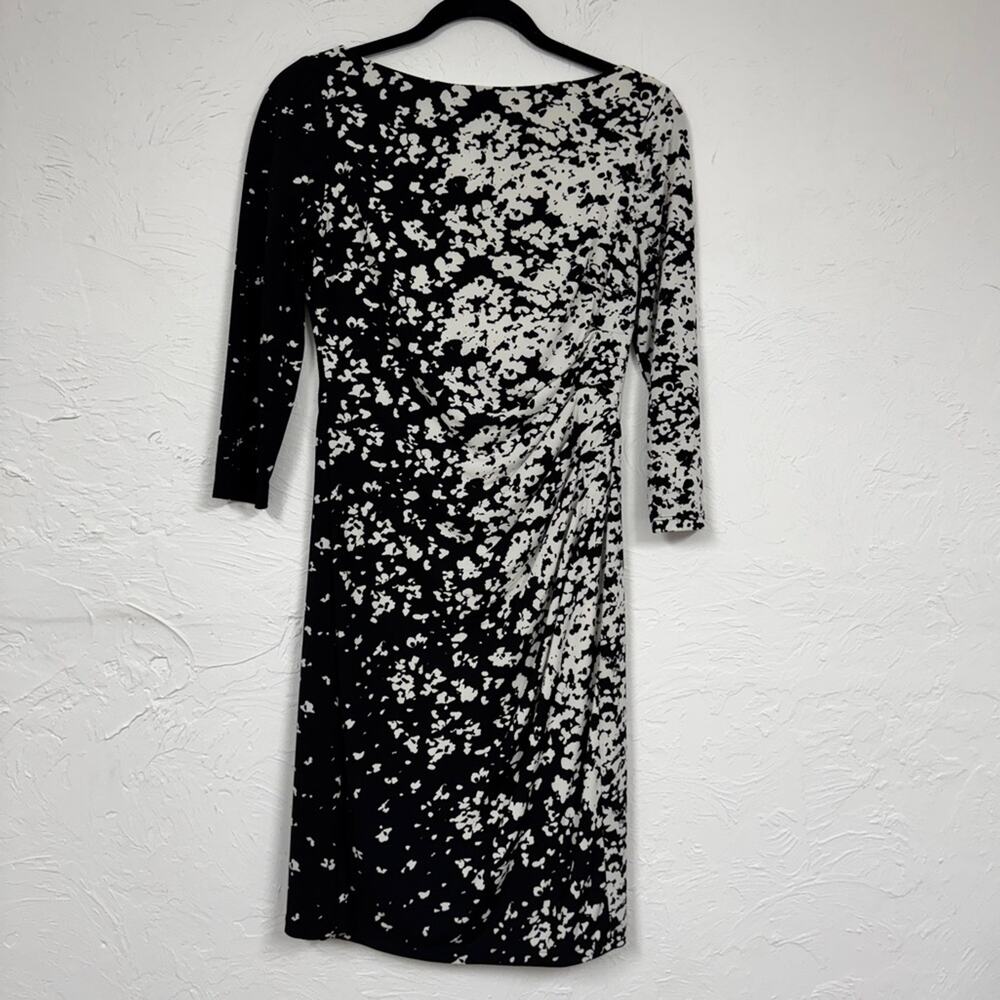 Lauren Ralph Lauren Black White Abstract Print Sheath Dress Womens 4 Mini Ruched